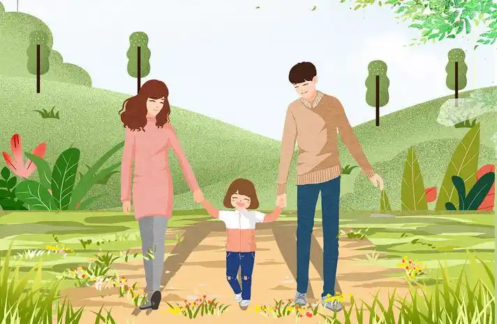 绿色风景卡通手绘一家三口旅行零食海报背景