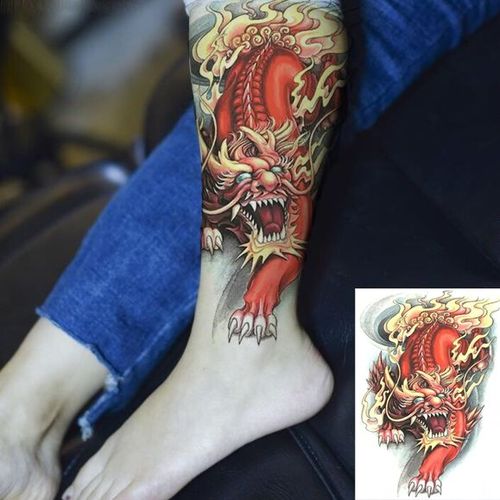 吉祥神兽麒麟纹身贴防水男女彩色刺青火麒麟花臂持久貔貅纹身贴纸
