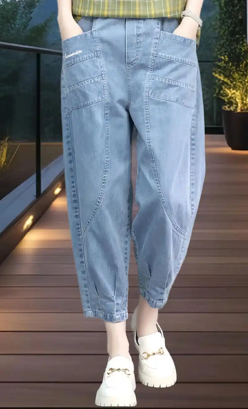 显瘦好穿!姐姐们!这款裤子采用大码宽松设计,宽松显瘦九分高腰哈伦裤!