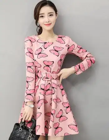 2017新款秋装韩版蝴蝶印花麂皮圆领长袖a字连衣裙 粉色 2xl