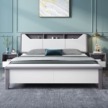 x2米大床白色储物高箱家具轻奢高档新款 实木床 床头柜x1 5d乳胶床垫