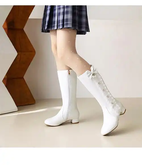 女童加绒加厚长筒靴高筒靴秋冬长筒靴公主皮靴高跟鞋子儿童长靴白色