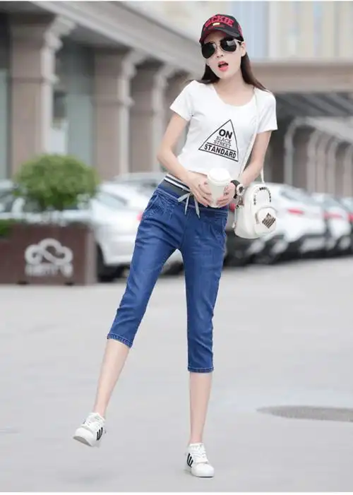 松紧高腰牛仔裤女夏季8分紧身显瘦小脚大码新款 深蓝色 29码(2尺2)