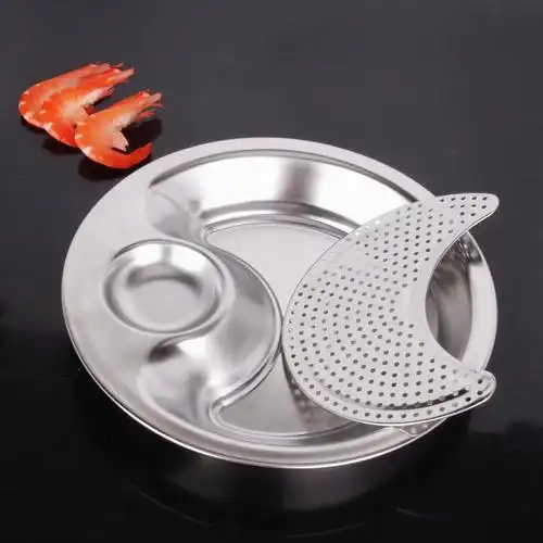 明暖不锈钢饺子盘沥水沥油双层盘家用带醋碟圆形盘礼品26cm沥水饺子盘