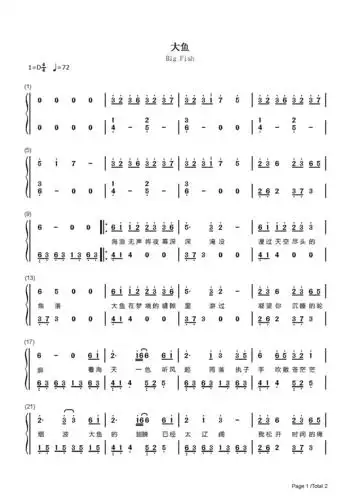 大鱼-简单完整版钢琴谱_周深_d调 _流行钢琴双手简谱_钢琴谱|钢琴
