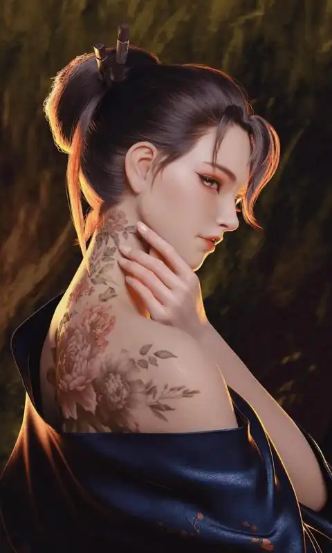 和服美女露肩 背部 纹身 手机壁纸竖屏美女全面屏