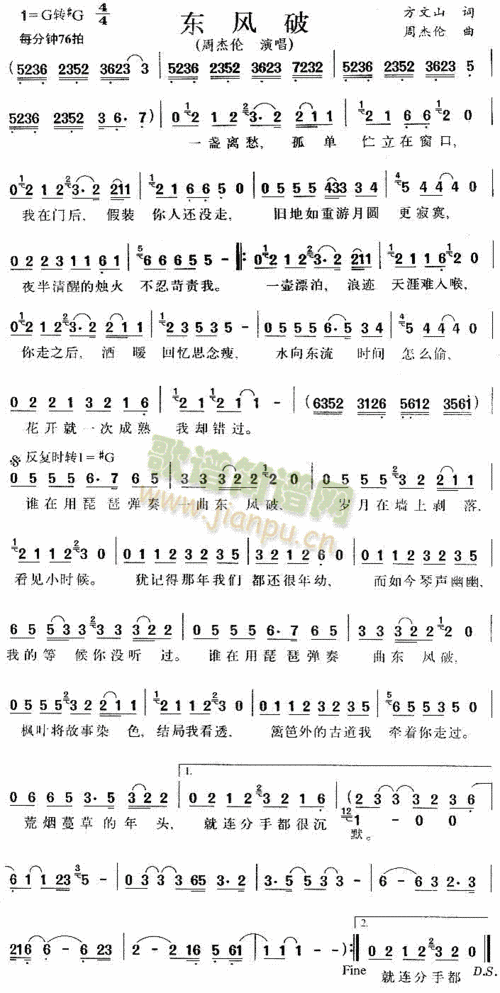 东风破 歌谱简谱网