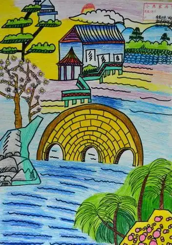 少儿书画作品-夕阳下的古镇/儿童书画作品夕阳下的古镇欣赏_中国少儿