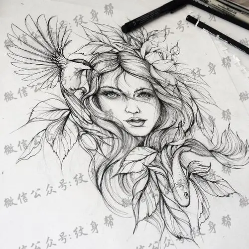 手稿经典线条美女纹身图案