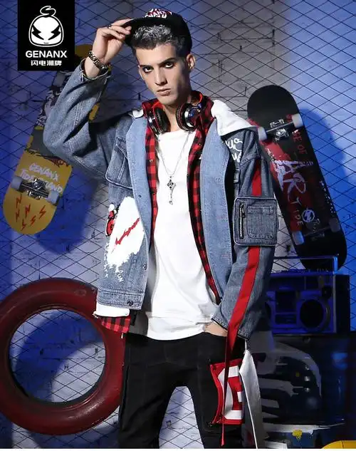 genanx&闪电潮牌 运动 牛仔 外套 男潮 拼接袖 时尚 街头 嘻哈 连帽