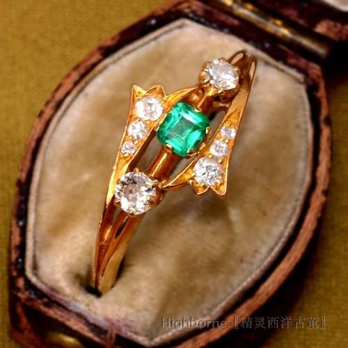 英国古董珠宝&爱德华时代1901年天然哥伦比亚祖母绿钻石18k戒指