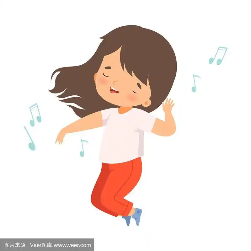 可爱的黑发女孩唱歌和跳舞,可爱的孩子有乐趣和享受听音乐卡通矢量