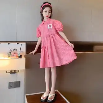 裙子2023新款夏装洋气公主裙大童装女孩衬衫裙粉色竖条衬衫裙120cm