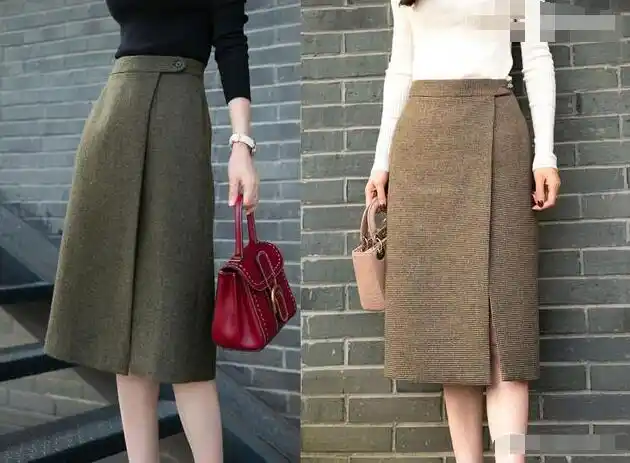 羊毛侧开叉一步裙