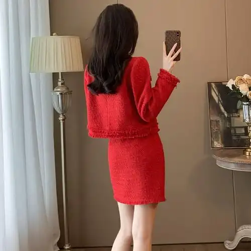 粗花呢外套时尚新款气质名媛半身裙两件套红色小香风套装2024春装