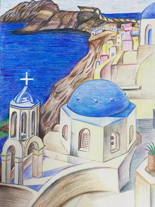 彩铅风景画希腊圣托里尼