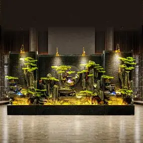 大型水幕墙流水办公室内玄关酒店会所鱼池喷泉假山公司流水墙景观