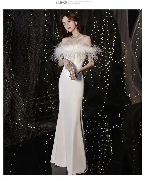 皮尔卡丹轻奢高档女装白色晚礼服裙女新款高级鱼尾长款高端宴会名媛