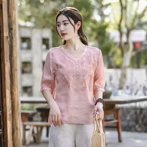 夏季v领苎麻上衣女宽松蕾丝花边亚麻七分袖t恤纯色棉麻短袖衬衣女