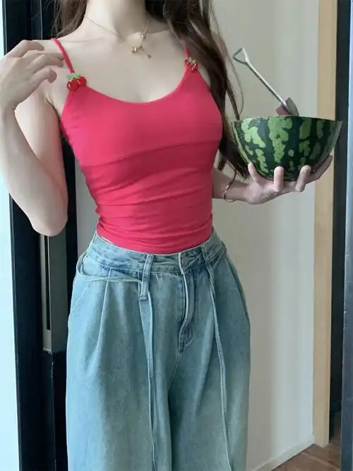 实拍实价 显白樱桃红日漫少女感显胸大卡通吊带背心修身上衣 - 17网