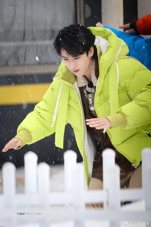 严浩翔荧光绿羽绒服##极限挑战