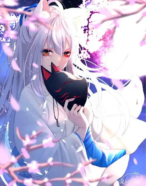 白い狐ちたお的白发美少女插画图片