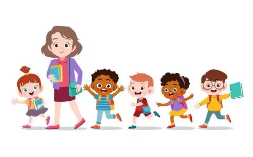 带领孩子一起排队下课的卡通老师图片免抠矢量素材