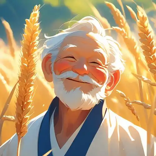 可爱的老爷爷抱着一把麦子开心地笑着