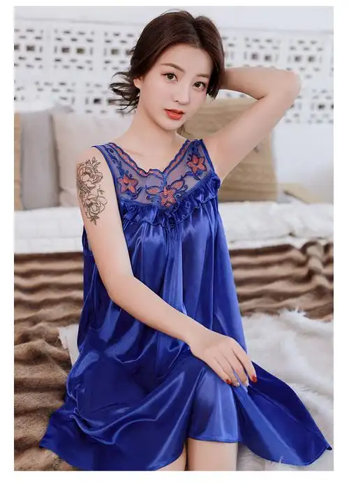 春夏季仿真丝睡裙女士性感情趣睡衣夏冰丝绸蕾丝大摆裙纯色家居服