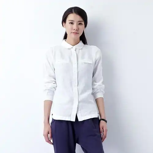 亚麻衬衫长袖女初棉春装女装女士修身白衬衣韩版s