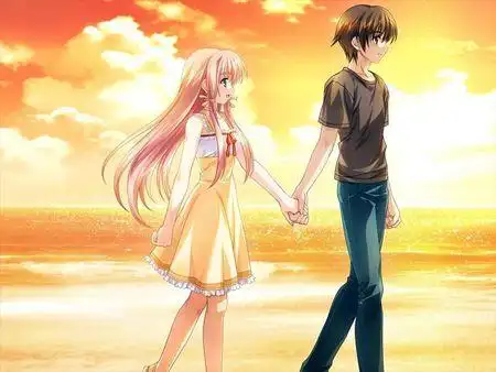 有没动漫情侣一起看海牵着手的图片?