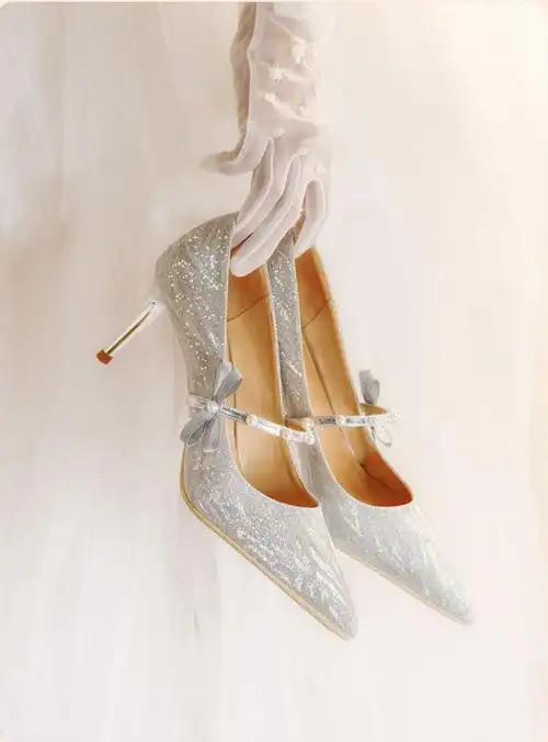 fi-hi鞋子女新款2022银色水晶高跟日常两穿银色绑带高跟鞋 闪光银色