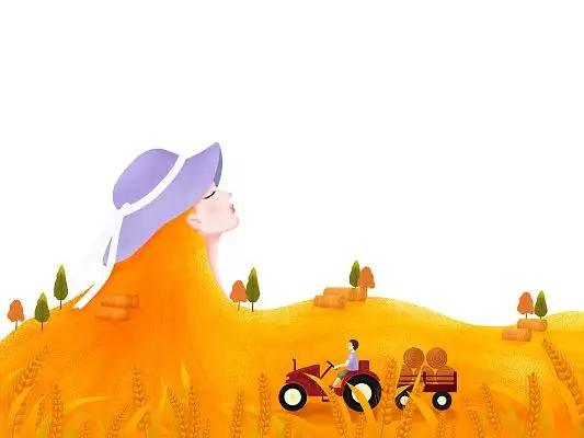 彩色手绘卡通节气芒种女孩长发麦田拖拉机收麦元素png素材