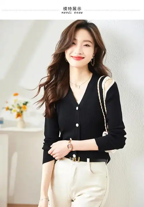 春秋款黑色修身针织衫小开衫女毛衣外套春季短款毛线外搭女士上衣