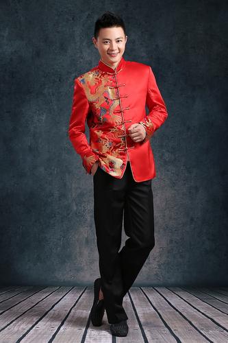 新款秀禾服男装结婚礼服新郎龙凤褂敬酒服修身中式中山装红色唐装
