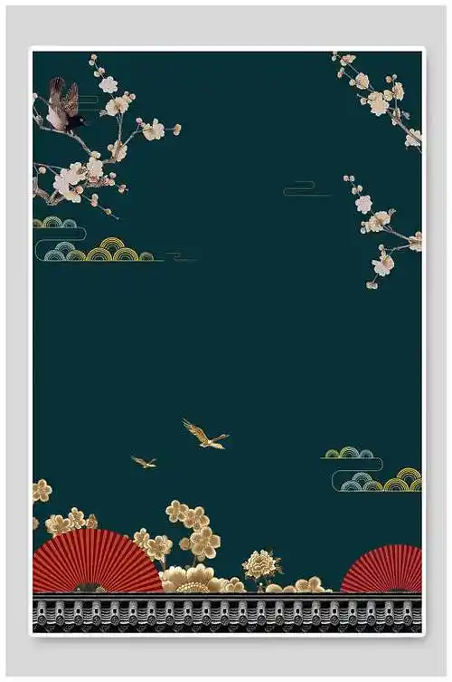 中国风复古中式宫廷屋檐唯美桃花海报背景