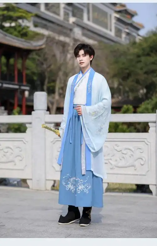 男生穿的汉服仙蓝中国风大袖衫套装魏晋风男学生毕业古装男朗诵演出服
