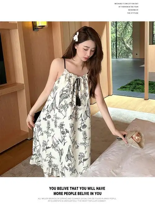 夏季新款睡衣女梭织云朵棉圆领套头吊带睡裙带胸垫甜美少女家居服
