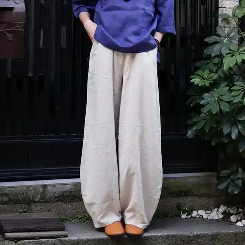 原创秋季复古文艺亚麻休闲裤女宽松大码灯笼裤松紧腰棉麻女装长裤-mc