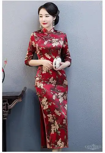 真丝旗袍女2020春夏新款中国风桑蚕丝改良旗袍裙婚礼礼服妈妈装酒红色