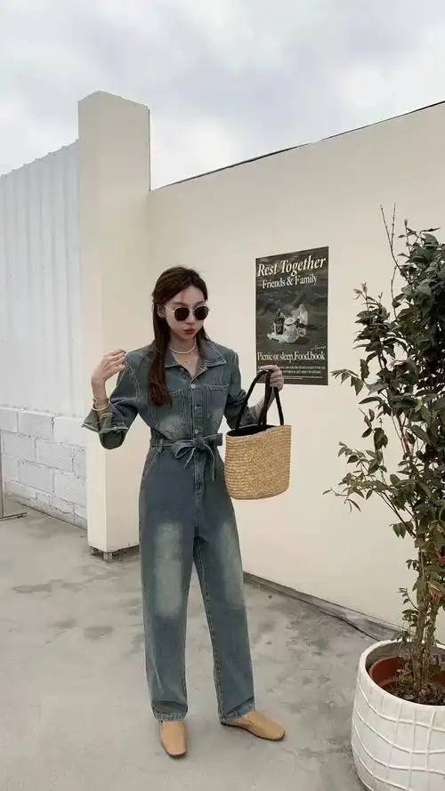 新款韩版时尚宽松显瘦连衣裤潮单排扣牛仔bf工装连体牛仔裤女 - 17网