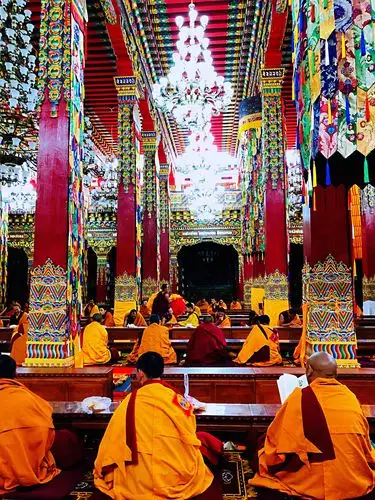 走进大经堂,这里是讲经说法的场地,适逢法会进行时,预估有几百人,我们