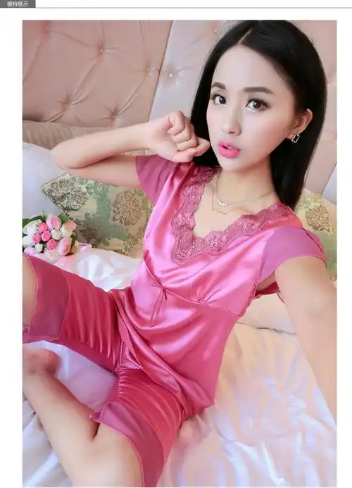 睡衣女夏季丝绸女士睡衣v领纯色优雅花朵家居服套装多色可选