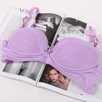 天然桑蚕丝立体罩杯薄款真丝文胸无钢圈蕾丝边深v聚拢睡眠内衣 浅紫色