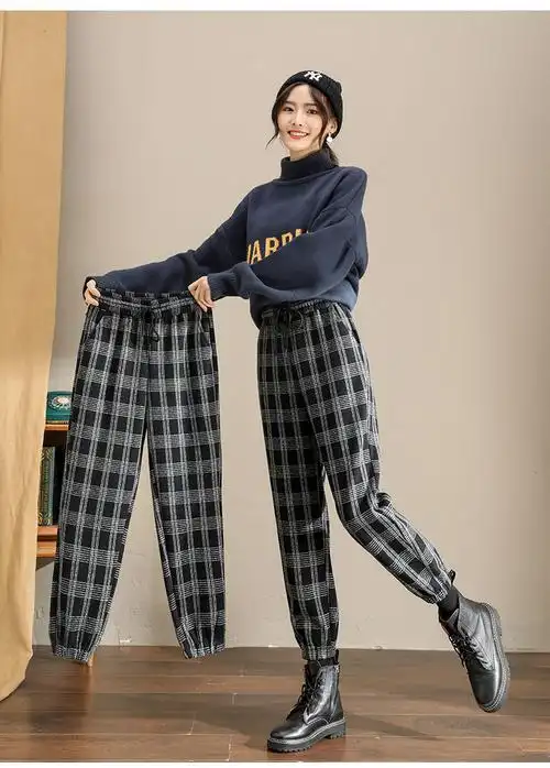 新款时尚女装毛呢格子裤女秋冬款2021宽松休闲毛呢加厚加绒裤子女秋冬