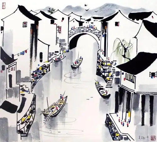 【江南水乡图 (一件) 立轴 设色纸本】拍卖品_图片_价格_鉴赏_绘画