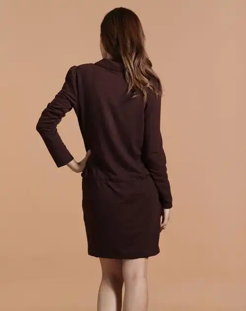 深咖啡色简约翻领长袖连衣裙