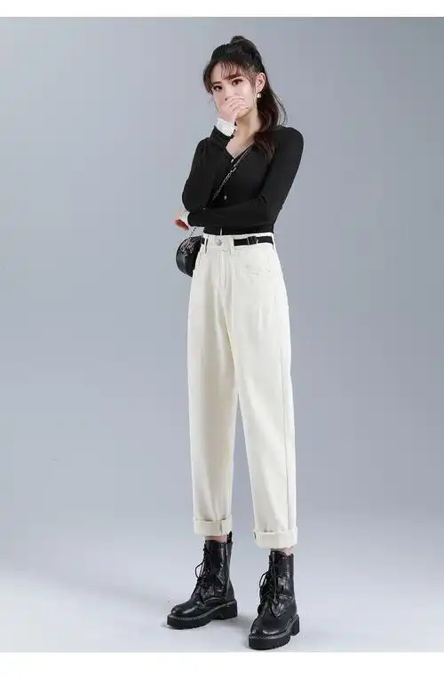 高品质冬季牛仔裤米色牛仔裤女直筒宽松阔腿哈伦萝卜裤秋冬加绒显瘦