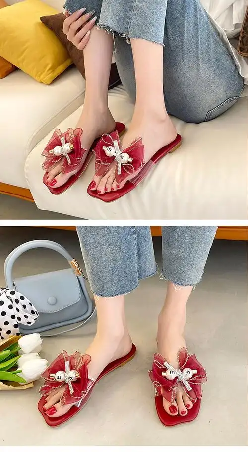 仙女风蝴蝶结拖鞋女夏外穿ins潮2021年新款网红时尚平底法式凉拖 黑色