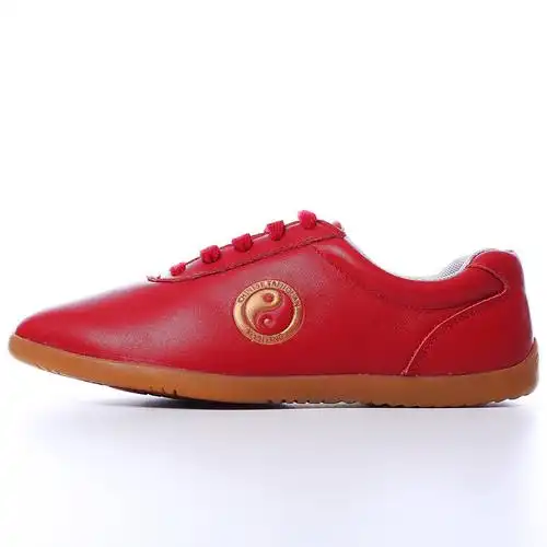 武极堂新款软牛皮太极鞋练功鞋牛皮真皮太极鞋牛筋底女男春夏款 红色